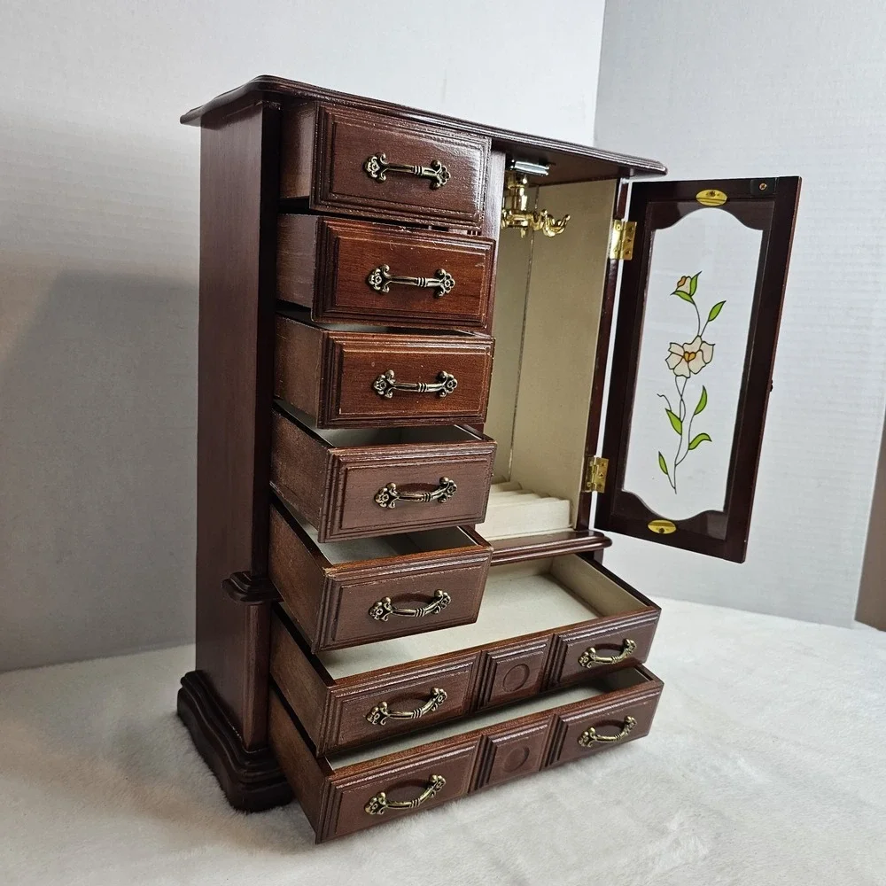 Vintage Jewelry Box Armoire Floral Glass Door 7 Drawers 12x16x5.25